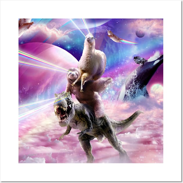 Laser Eyes Space Llama On Sloth Dinosaur - Rainbow Wall Art by Random Galaxy